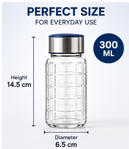 AAR Check Steel Lid Glass Bottle 300 ML | Blue/White Lid | Transparent Glass Water Bottle for Home, Office & Travel