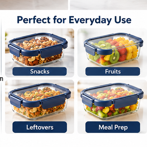AAR Fresha Rectangle 370 ML Glass Food Storage Container with Airtight Glass Lid, Leak-Proof Lunch Box for Kitchen, Snacks & Leftovers