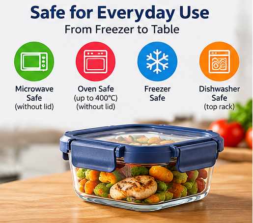 AAR Fresha Square 520 ML Glass Food Storage Container with Airtight Glass Lid, 4-Side Locking Clips, Leak-Proof Kitchen Container for Food, Snacks & Meal Prep