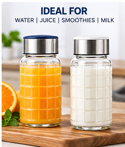 AAR Check Steel Lid Glass Bottle 300 ML | Blue/White Lid | Transparent Glass Water Bottle for Home, Office & Travel