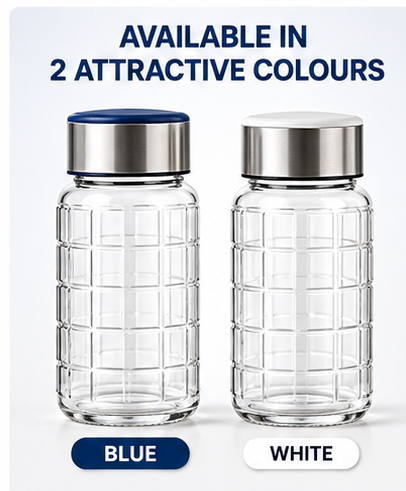 AAR Check Steel Lid Glass Bottle 300 ML | Blue/White Lid | Transparent Glass Water Bottle for Home, Office & Travel