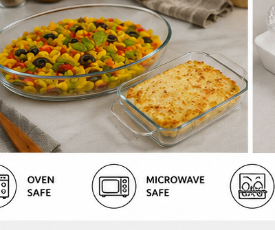 SignoraWare Gracias Collection Bake & Serve Borosilicate Glass Oval & Square Dish Set (700ml + 500ml) | Oven Safe, Microwave Safe, Dishwasher Safe | Heat Resistant up to 420°C | Transparent