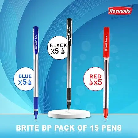 Reynolds BRITE BLUE,BLACK, RED Ball Point Pen Set With Comfortable Grip | Pens For Writing | School and Office Stationery | Pens For Students | 0.7mm Tip Size - Image #2