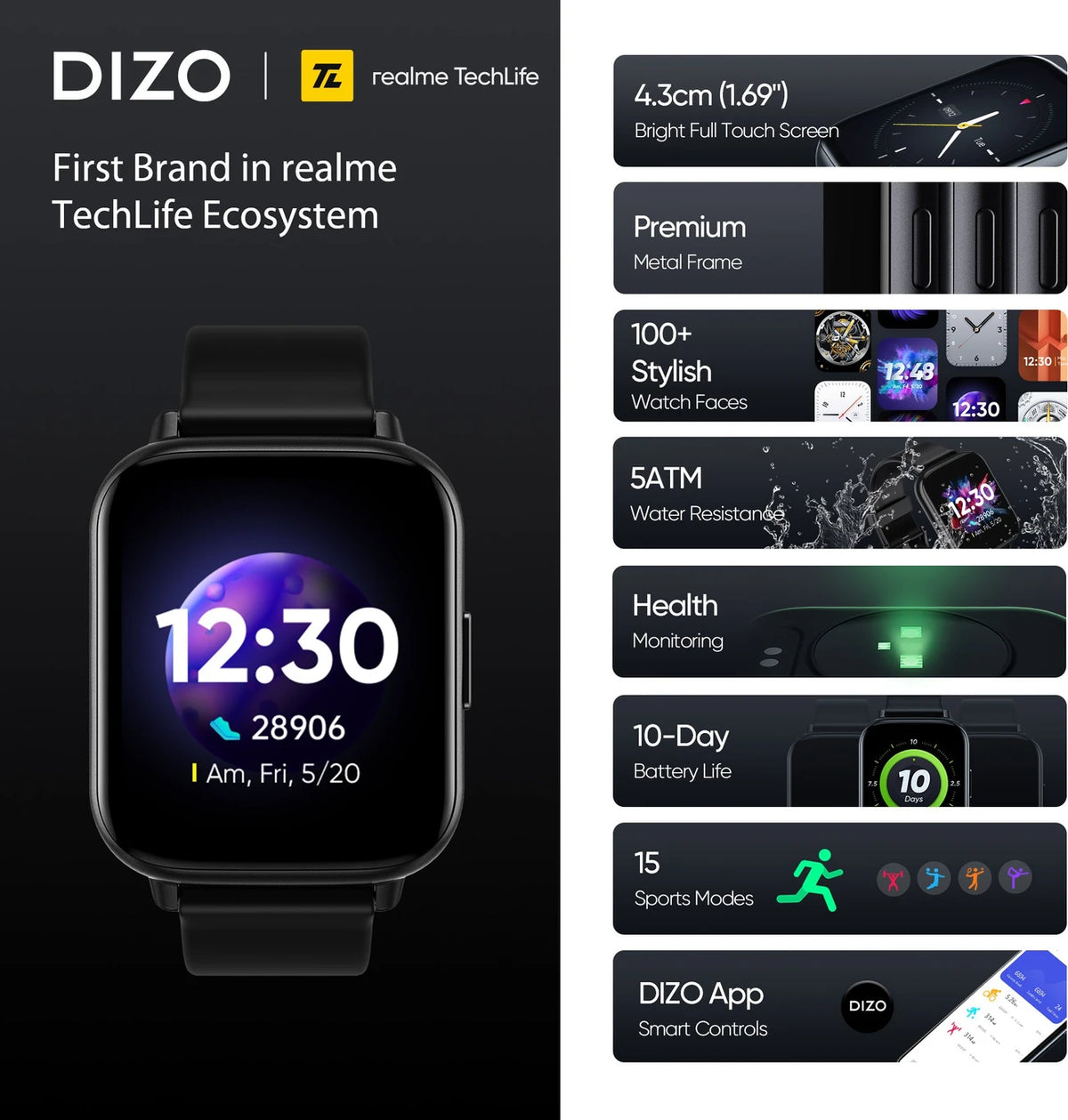 DIZO Watch 2 by realme TechLife – Smart Watch with 1.69" Full Touch Display, Heart Rate & SpO2 Monitoring, Activity Tracking, Multiple Sports Modes & Long Battery Life (SD)