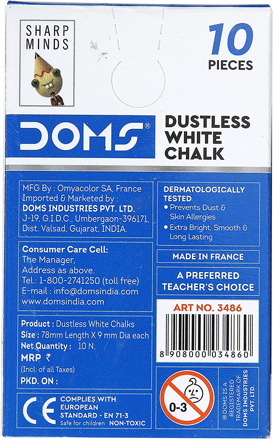 DOMS Non-Toxic Dustless White Chalk ( Pack of 10 pieces)