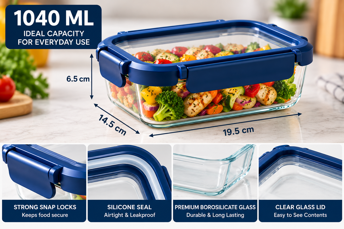 AAR Fresha Rectangle Glass Food Storage Container 1040 ML with Airtight Locking Lid, BPA-Free, Leakproof, Microwave & Freezer Safe, Kitchen Meal Prep Container