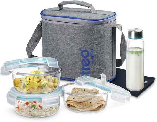 TREO All Fresh Premier Glass Tiffin Set of 5 (3 Containers, 1 Bottle, 1 Dinning Mat) 3 Containers Glass Office Lunch Box (1450 ml)
