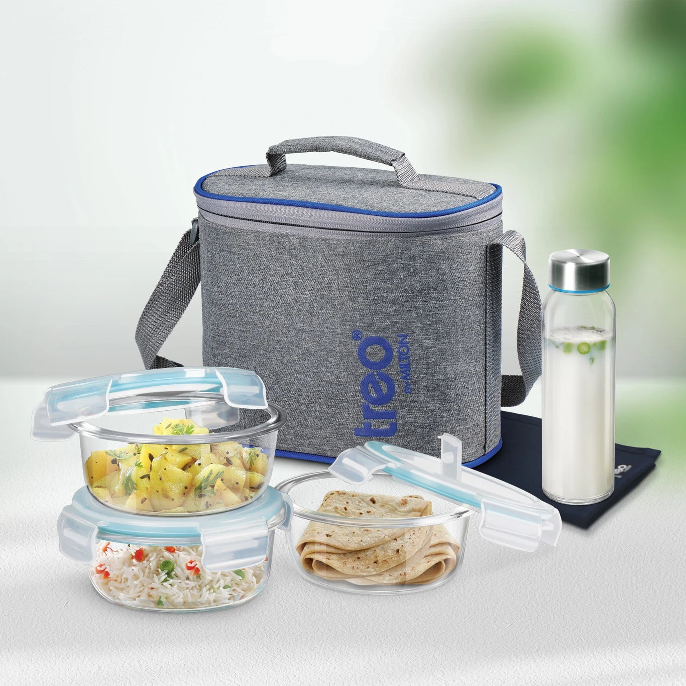 TREO All Fresh Premier Glass Tiffin Set of 5 (3 Containers, 1 Bottle, 1 Dinning Mat) 3 Containers Glass Office Lunch Box (1450 ml)