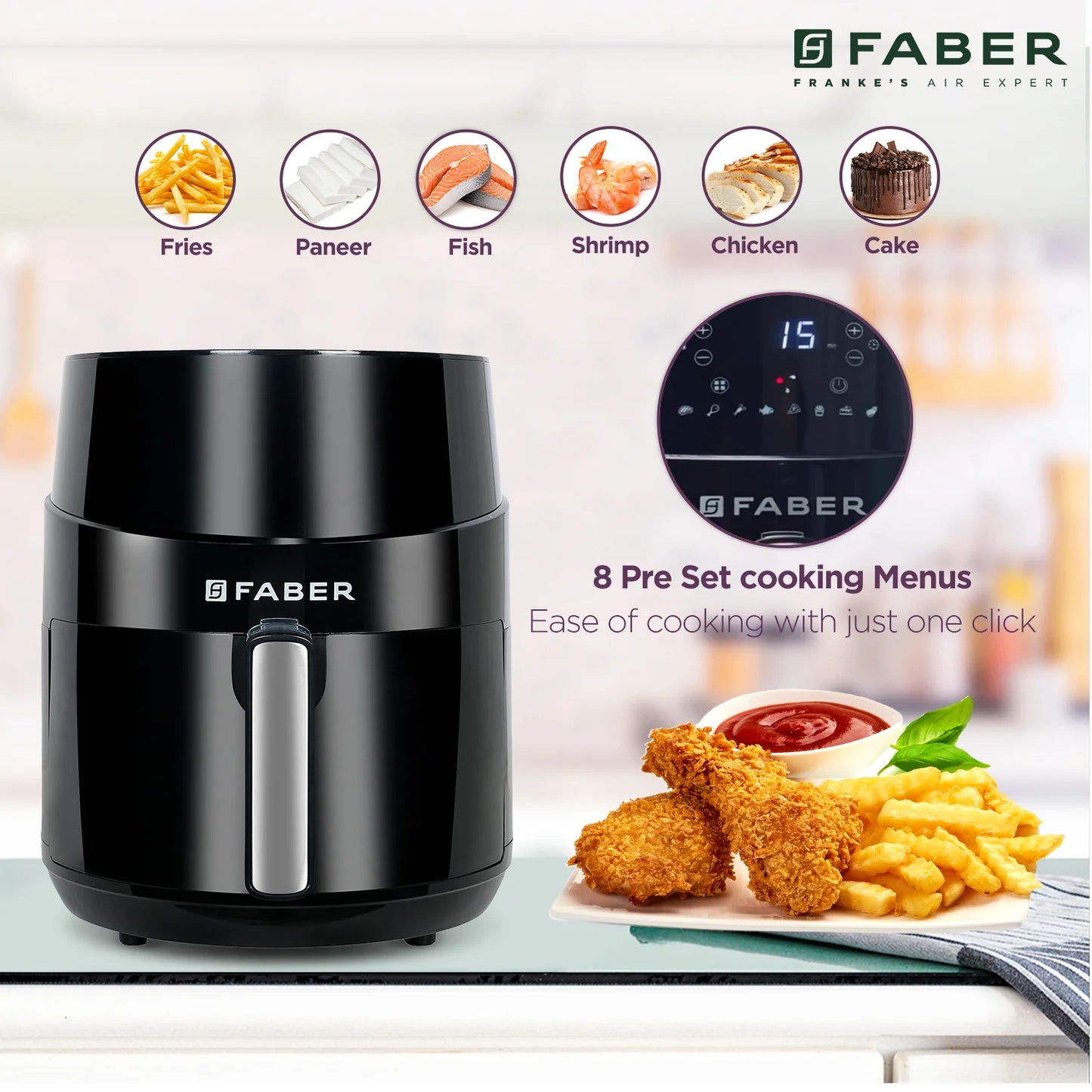 HOUSEHOLD FAB Digital Air Fryer 4.5L | 1400W Rapid Air Technology | Touch Control Panel | Adjustable Temperature & Timer | Oil-Free Healthy Cooking | Non-Stick Fry Basket | Black