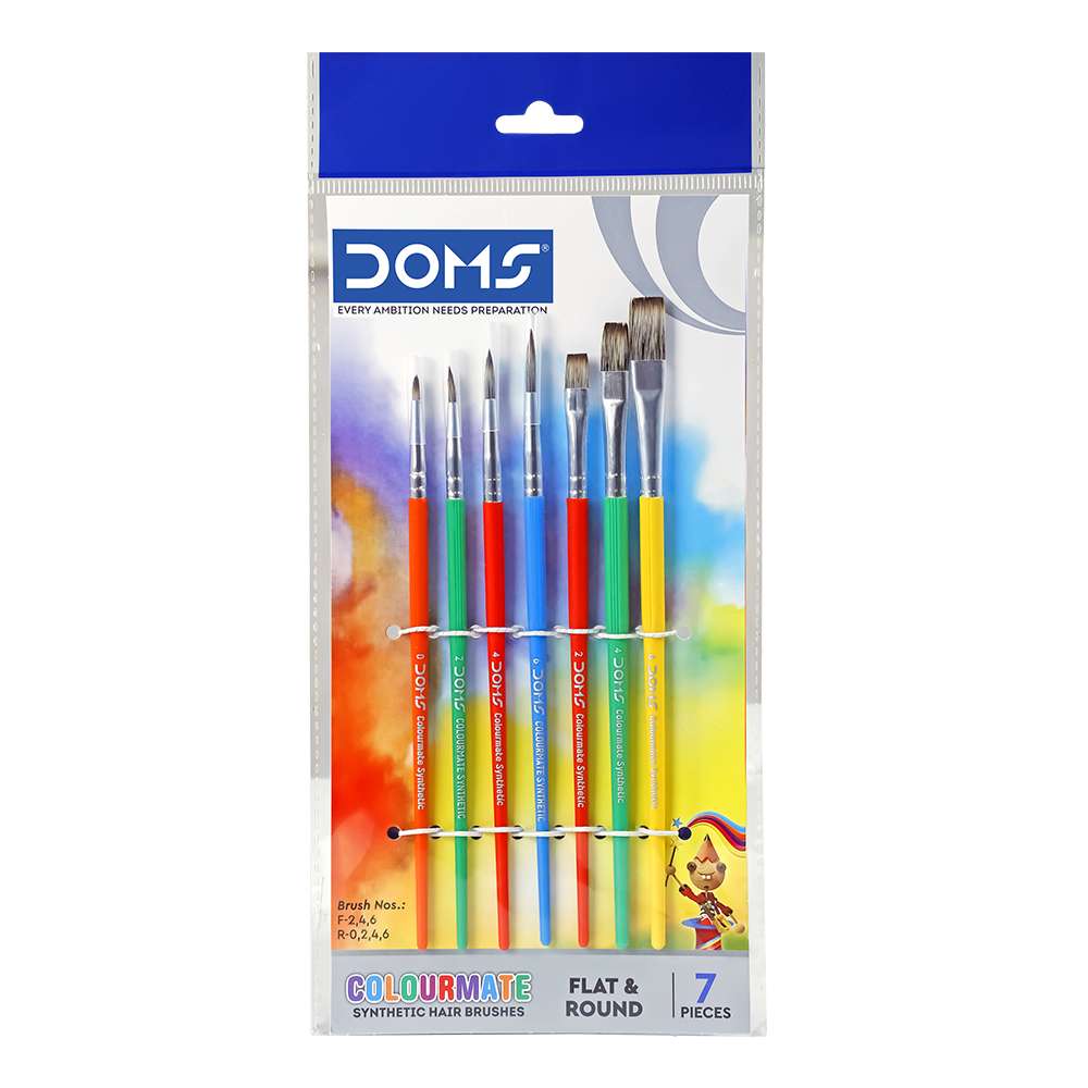 DOMS Colourmate Synthetic Paint Brush Set (Flat & Round, Pieces of 7 x 1 Set)