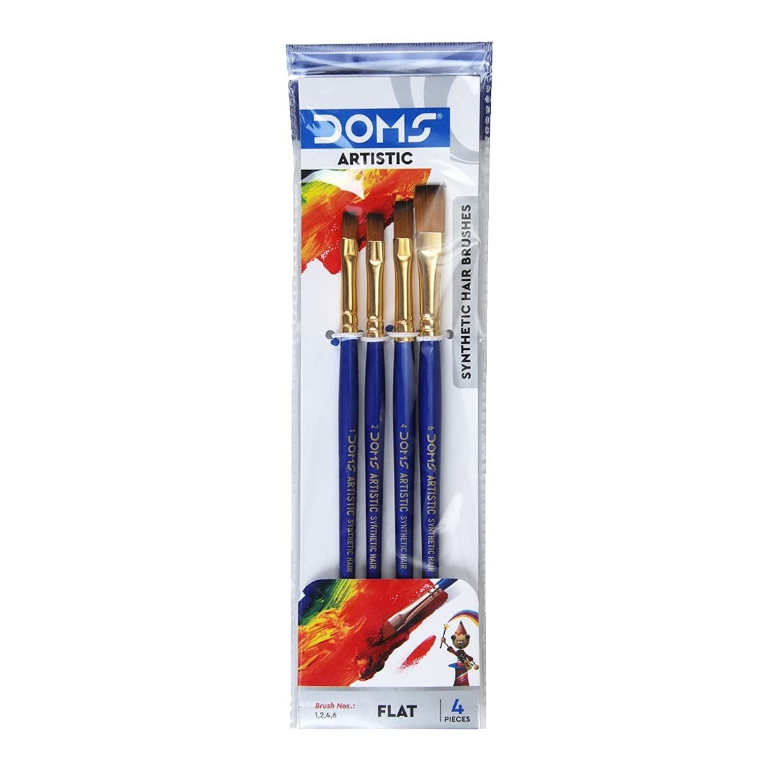 Doms Artistic Synthetic 4 Pcs Flat Paint Brush Set | Long Handle with Seamless Ferrule & Long Bristales | Soft & Easy to Clean | Comfortable, Sturdy & Light Weight Body | Pack of 1