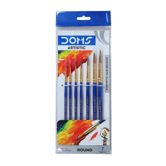 Doms Artistic Synthetic 7 Pcs Round Paint Brush Set | Long Handle with Seamless Ferrule & Long Bristales | Soft & Easy to Clean | Comfortable, Sturdy & Light Weight Body | Pack of 1