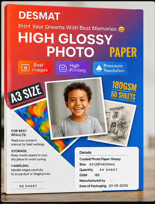 DESMAT A3 Glossy Inkjet Photo Paper 180 GSM | 50 Sheets | High Resolution Photo Printing Paper | Water Resistant | Smooth Finish | Compatible with All Inkjet Printers
