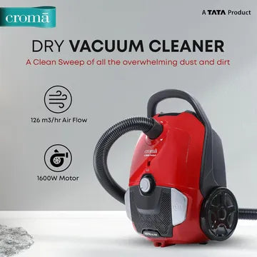 Croma 1600W Dry Vacuum Cleaner with Cyclonic Technology (Reusable Dust Bag, Red) (RD)