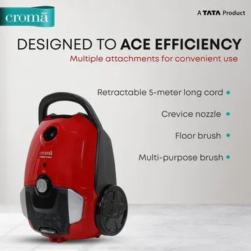 Croma 1600W Dry Vacuum Cleaner with Cyclonic Technology (Reusable Dust Bag, Red) (RD)