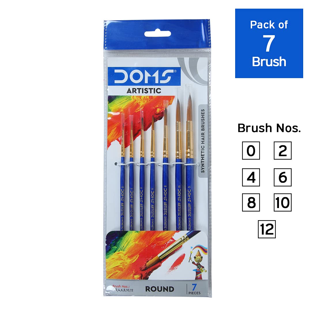 Doms Artistic Synthetic 7 Pcs Round Paint Brush Set | Long Handle with Seamless Ferrule & Long Bristales | Soft & Easy to Clean | Comfortable, Sturdy & Light Weight Body | Pack of 1