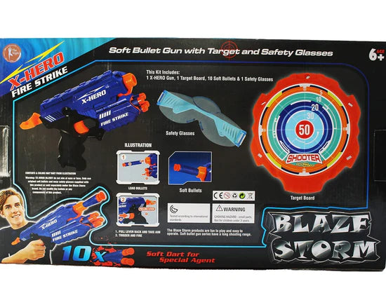 Blaze Storm Hot Fire Soft Bullet Gun Toy with 1 X-Hero Gun,1 Target Board,10 Soft Bullets& 1 Safety Glass 10 Safe Soft Foam Bullets, Fun Target Shooting Battle Fight Game for Kids