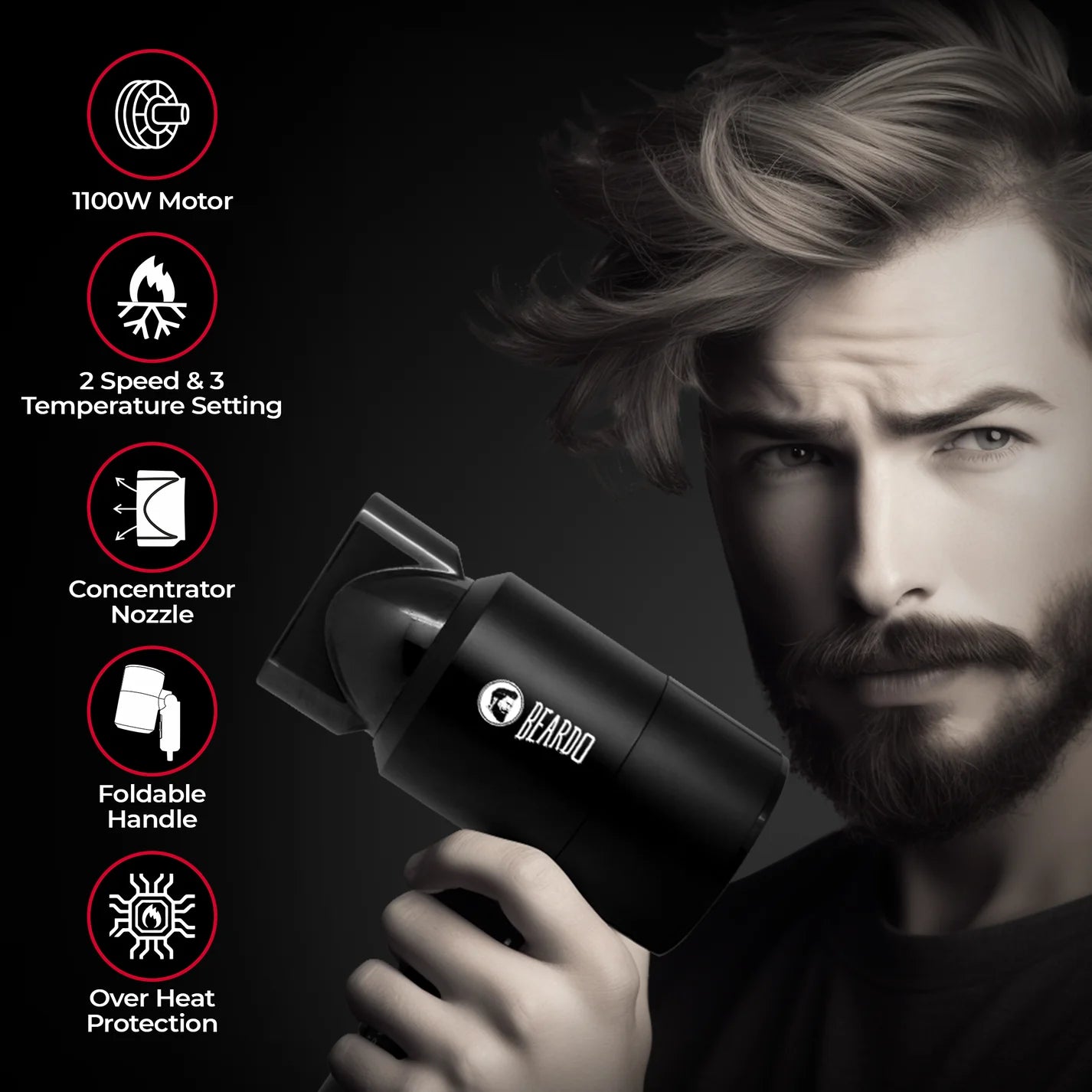 BEARDO Styling Gun Ultra Compact Hair Dryer | 1100 Watts Foldable Hair Dryer For Men Hair Dryer