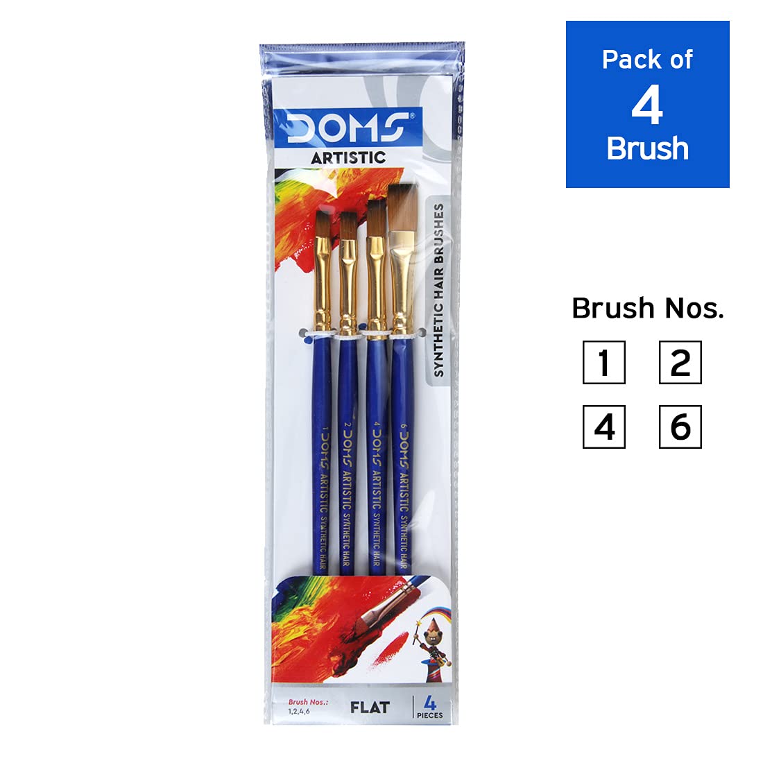 Doms Artistic Synthetic 4 Pcs Flat Paint Brush Set | Long Handle with Seamless Ferrule & Long Bristales | Soft & Easy to Clean | Comfortable, Sturdy & Light Weight Body | Pack of 1