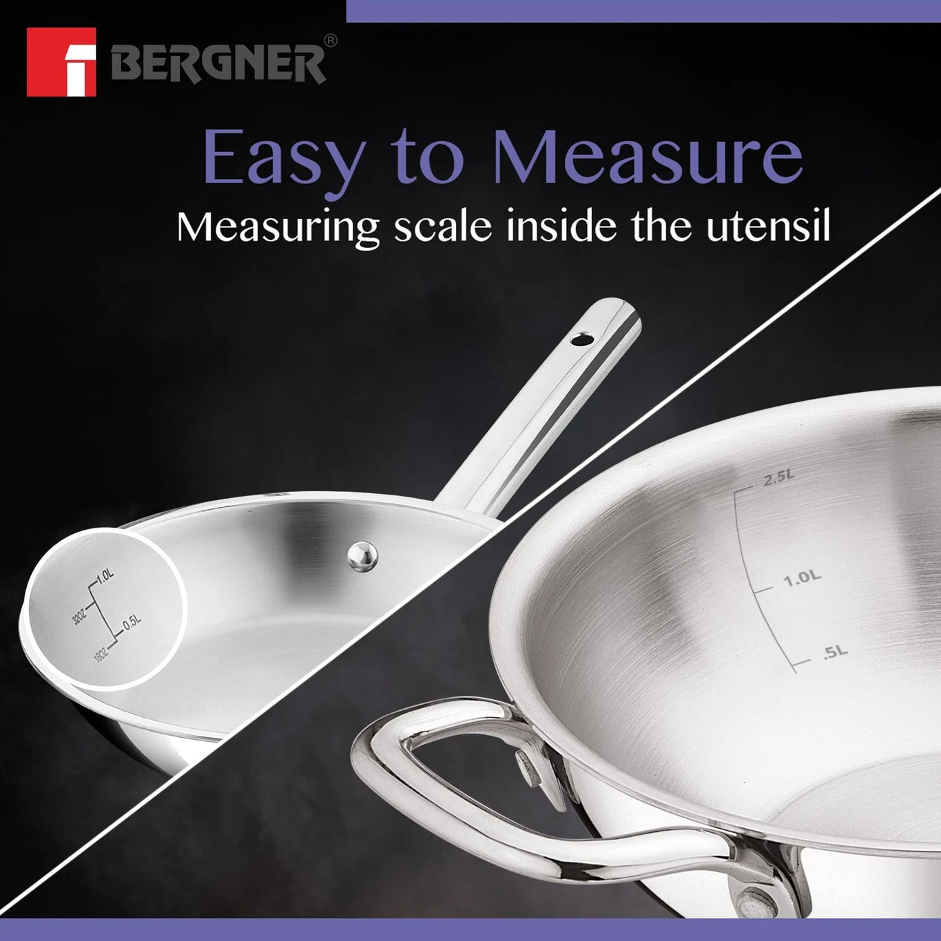 BE Bergner Essentials Triply 22cm (2.5 L) Kadai & 22cm (1 L) Frypan - Induction Bottom Cookware Set (Triply, 3 - Piece)   (RD)