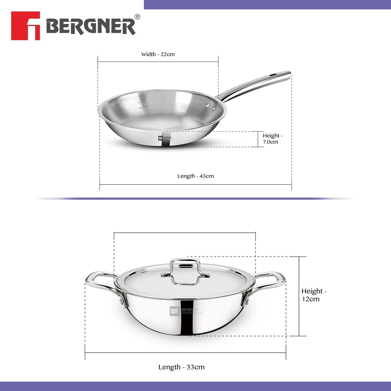 BE Bergner Essentials Triply 22cm (2.5 L) Kadai & 22cm (1 L) Frypan - Induction Bottom Cookware Set (Triply, 3 - Piece)   (RD)