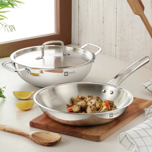 BE Bergner Essentials Triply 22cm (2.5 L) Kadai & 22cm (1 L) Frypan - Induction Bottom Cookware Set (Triply, 3 - Piece)   (RD)