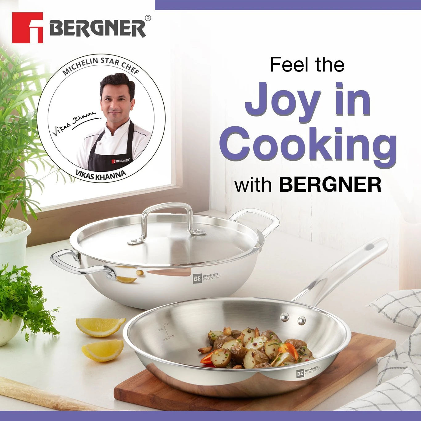BE Bergner Essentials Triply 22cm (2.5 L) Kadai & 22cm (1 L) Frypan - Induction Bottom Cookware Set (Triply, 3 - Piece)   (RD)