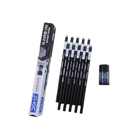 Doms Karbon Eraser Tipped Super Dark HB/2 Graphite Pencils| Pack of 30 Pencils| Includes 3 Sharpners & Erasers| Smooth Writing| Daily Use in School & Home For Xtra Marks
