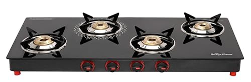 Scoffco Surya Flame PNG Gas Stove 4 Burner with Brass Smart Glass Top Cooktop ISI Certified Doorstep Services 2 Years (Double Burner Black)