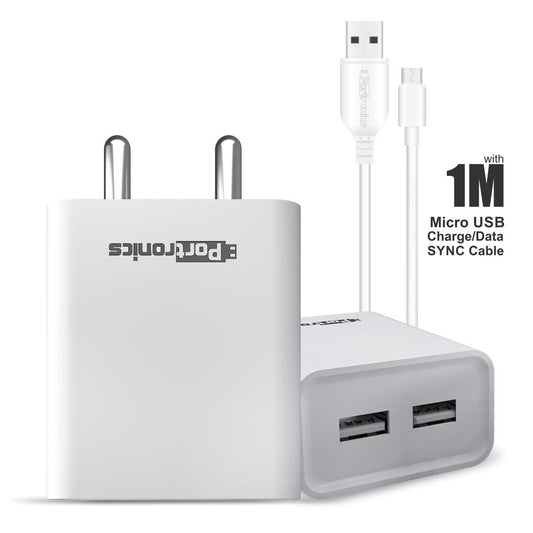 Portronics Adapto 66 2.4A 12w Dual USB Port 5V/2.4A Wall Charger,Comes with 1M Micro USB Cable,