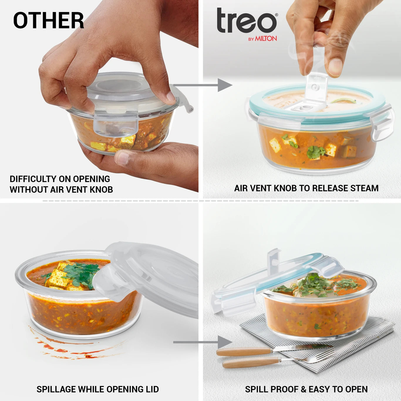 TREO All Fresh Premier Glass Tiffin Set of 5 (3 Containers, 1 Bottle, 1 Dinning Mat) 3 Containers Glass Office Lunch Box (1450 ml)