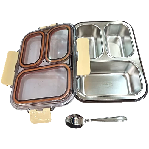 Pratap Lunch Box Steel, Ceelik Trio, Brown, 600ML