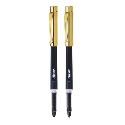 FLAIR Inky Series Gold Liquid Ink Fountain Pen Blister Pack | Stainless Steel Nib With Round Tip | Free 5 Pieces X-Large Jumbo Cartridges | Smudge Free Writing | Blue Ink