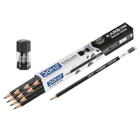 Doms Karbon Eraser Tipped Super Dark HB/2 Graphite Pencils| Pack of 30 Pencils| Includes 3 Sharpners & Erasers| Smooth Writing| Daily Use in School & Home For Xtra Marks