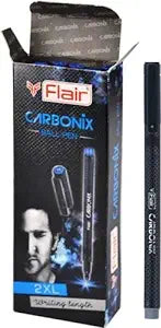 FLAIR Carbonix 0.7mm Ball Pen Box Pack | Liquid Ink Light Weight Pen | Comfortable Grip With Extra Smooth Writing Experience | Attractive Black Body | Blue Ink, Pack of 10 Pens