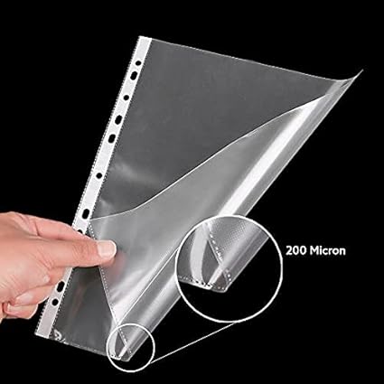 SHEET PROTECTOR (PACK OF 1 )50Pcs Transparent A4 Size Document Sleeves 200 Micron Thickness Leaf Waterproof Clear Sheet Protector 11 Holes Punched Ring Files