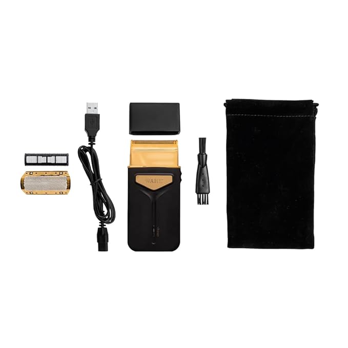 Wahl Travel Shaver USB, 0.4 mm cutting length, 45 minutes run time, Perfect travel companion with USB charging facility, Extra Cutting blade and foil to move along the contours, Black & Gold - 3025441IN