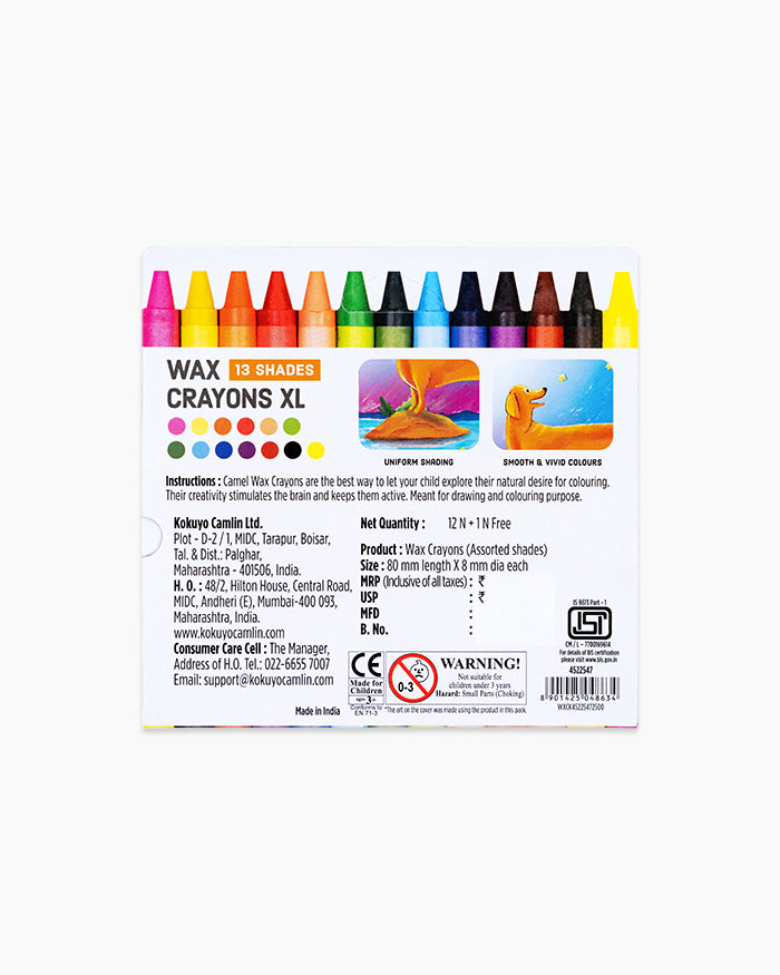 Camlin Wax Crayons 13 Shades Extra Long | Smooth Coloring | Bright & Rich Colors | Ideal for Kids, School & Art Projects