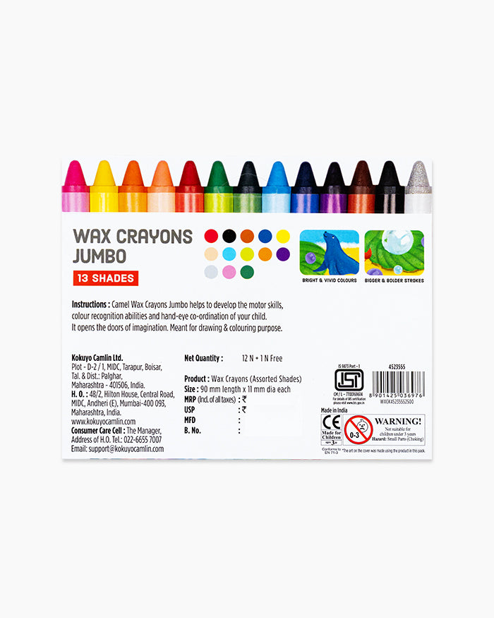 Camlin Wax Crayons 13 Shades Jumbo | Extra Thick & Smooth Coloring | Bright Colors | Ideal for Kids, School & Art Projects