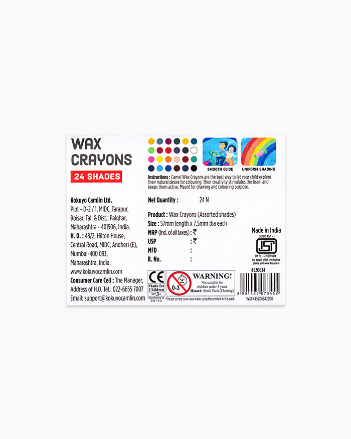 Camlin Wax Crayons 24 Shades | Bright & Smooth Coloring | Rich Pigments | Ideal for Kids, School & Art Projects