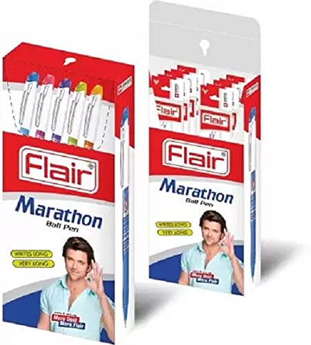 Flair Marathon Fine Tip 0.7mm Ball Pen Box Pack | Sleek Body For Better Hold | Longer Writing Length | Bold Body Colours With Metal Clip | Low-Viscosity Ink | Blue Ink, Pack of 10 Pens