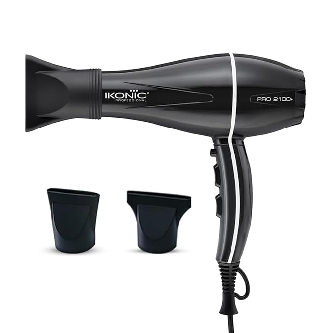 IKONIC Pro 2100+ Hair Dryer 2000 Watts, Black, 3 Heat And 2 Speed Settings, Cool Shot, Low Noise Function Interchangeable Nozzles, Professional Styling, For Women And Men, All Hair Type