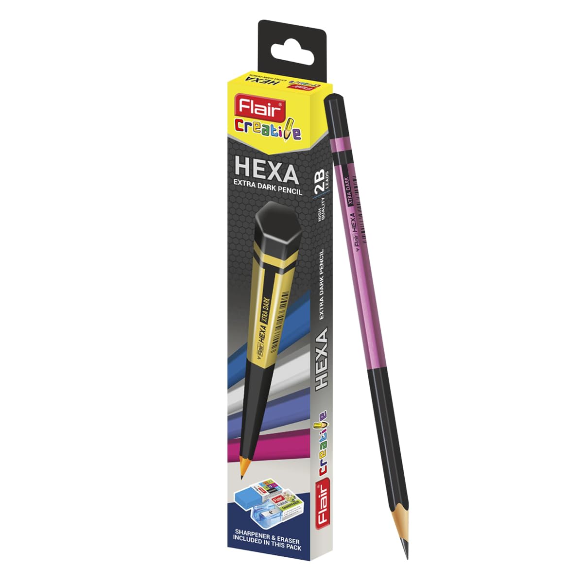 FLAIR Creative Series Hexa Extra Dark 2B Pencil Box Pack | Hexagonal Body With Metallic Finish | Non-Toxic | Free Sharpner & Eraser Inside | Easy & Smooth Sharpening | Pack Of 10 Pencils