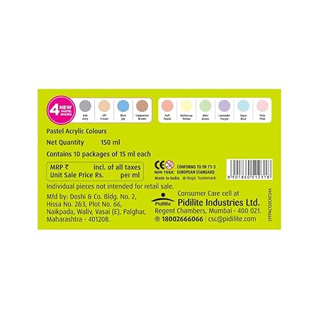 Fevicryl Acrylic Colours Pastel Kit | 10 Colours x 15 ml | DIY Paint, Rich Pigment | Multicolour & Multi-surface | Non-Cracking Paint for Canvas, Wood, Leather, Earthenware, Metal