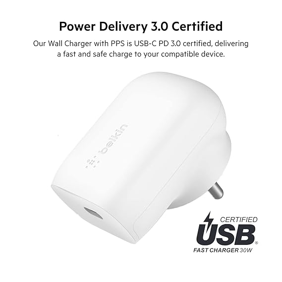 Belkin 30W USB-C Wall Charger with PPS | PD 3.0, Fast Charging - iPhone 17, Air, Pro, Pro Max, Samsung Galaxy S25, iPad, AirPods, Google Pixel 10 and More | 2 Years Warranty, White