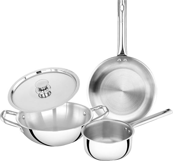 Prestige TRIPLY 4 Pc Cookware Set | TRIPLY Splendid | Fry Pan 22cm/1.9L | Kadai 22cm/2.5L | Sauce Pan 14cm/1.3L | SS Lid 24cm | Gas & Induction Compatible | Even Heat Distribution | 15Y Warranty | ISI