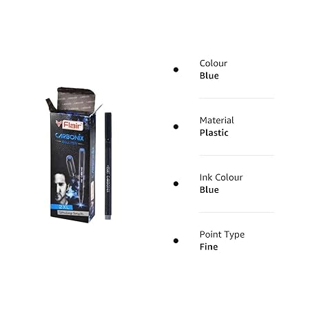 FLAIR Carbonix 0.7mm Ball Pen Box Pack | Liquid Ink Light Weight Pen | Comfortable Grip With Extra Smooth Writing Experience | Attractive Black Body | Blue Ink, Pack of 1 Pens