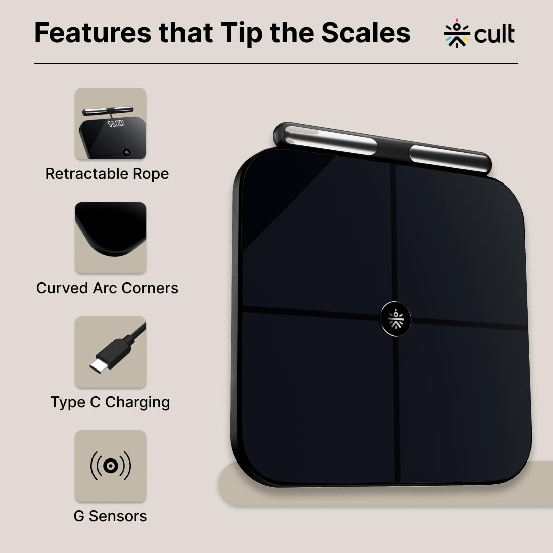 Cult Smart Scale Pro, US FDA Approved, 50+ Parameters, Body Fat Scale, BMI, 10 members, Bluetooth Weight Machine, Body Fat Analyzer, LED Display.