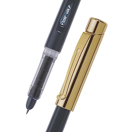 FLAIR Inky Series Gold Liquid Ink Fountain Pen Blister Pack | Stainless Steel Nib With Round Tip | Free 5 Pieces X-Large Jumbo Cartridges | Smudge Free Writing | Blue Ink