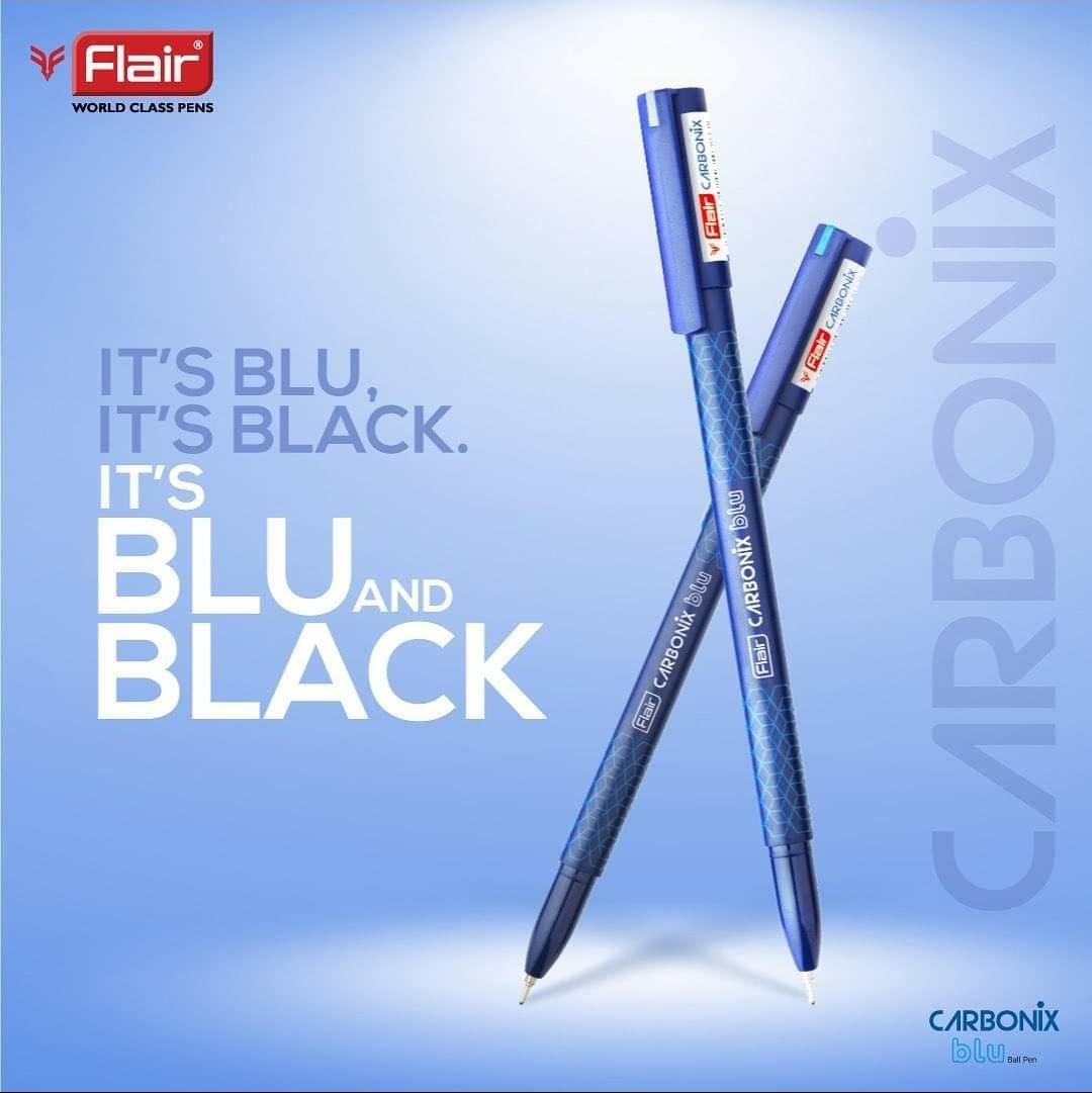 FLAIR Carbonix 0.7mm Ball Pen Box Pack | Liquid Ink Light Weight Pen | Comfortable Grip With Extra Smooth Writing Experience | Attractive Black Body | Blue Ink, Pack of 10 Pens